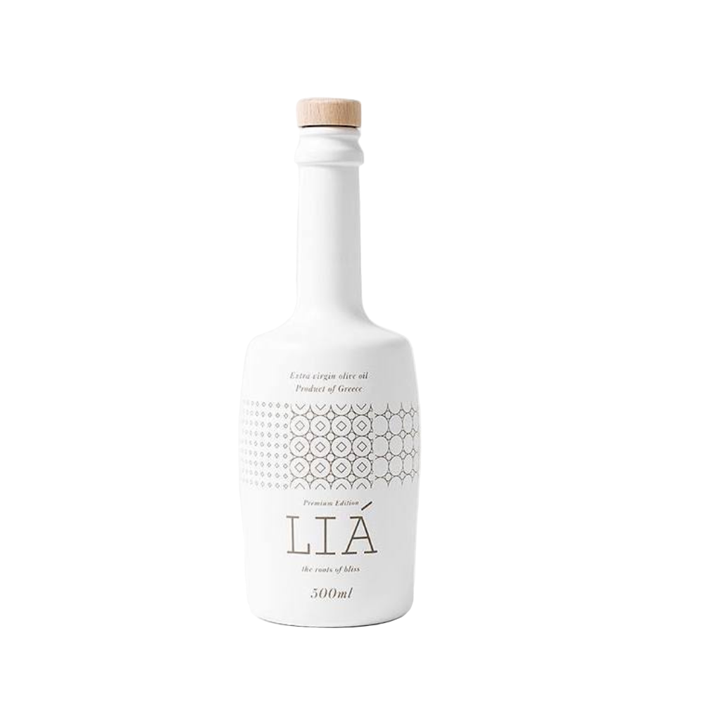 White LIA EVOO bottle with a patterned label on a white background