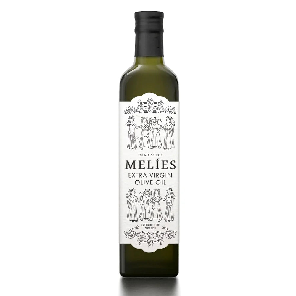 A bottle of MELIES Extra Virgin Olive Oil with a label featuring illustrations of people and olives.