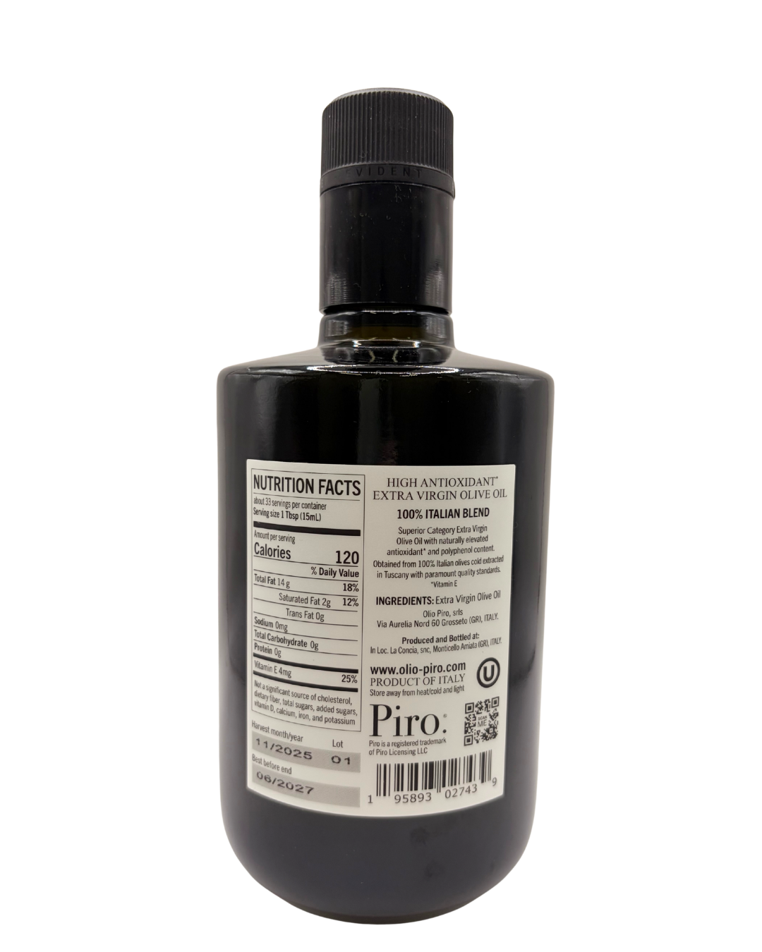Piro olive oil nutrition label