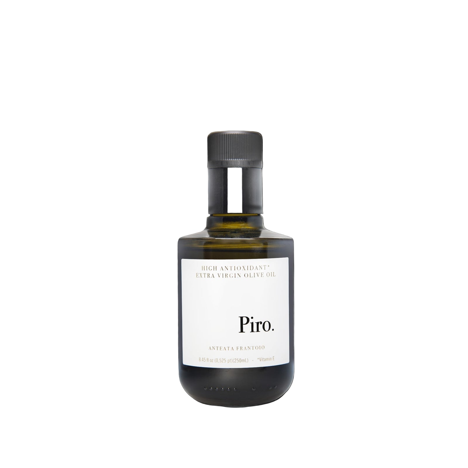 Bottle of Piro olive oil on a black background