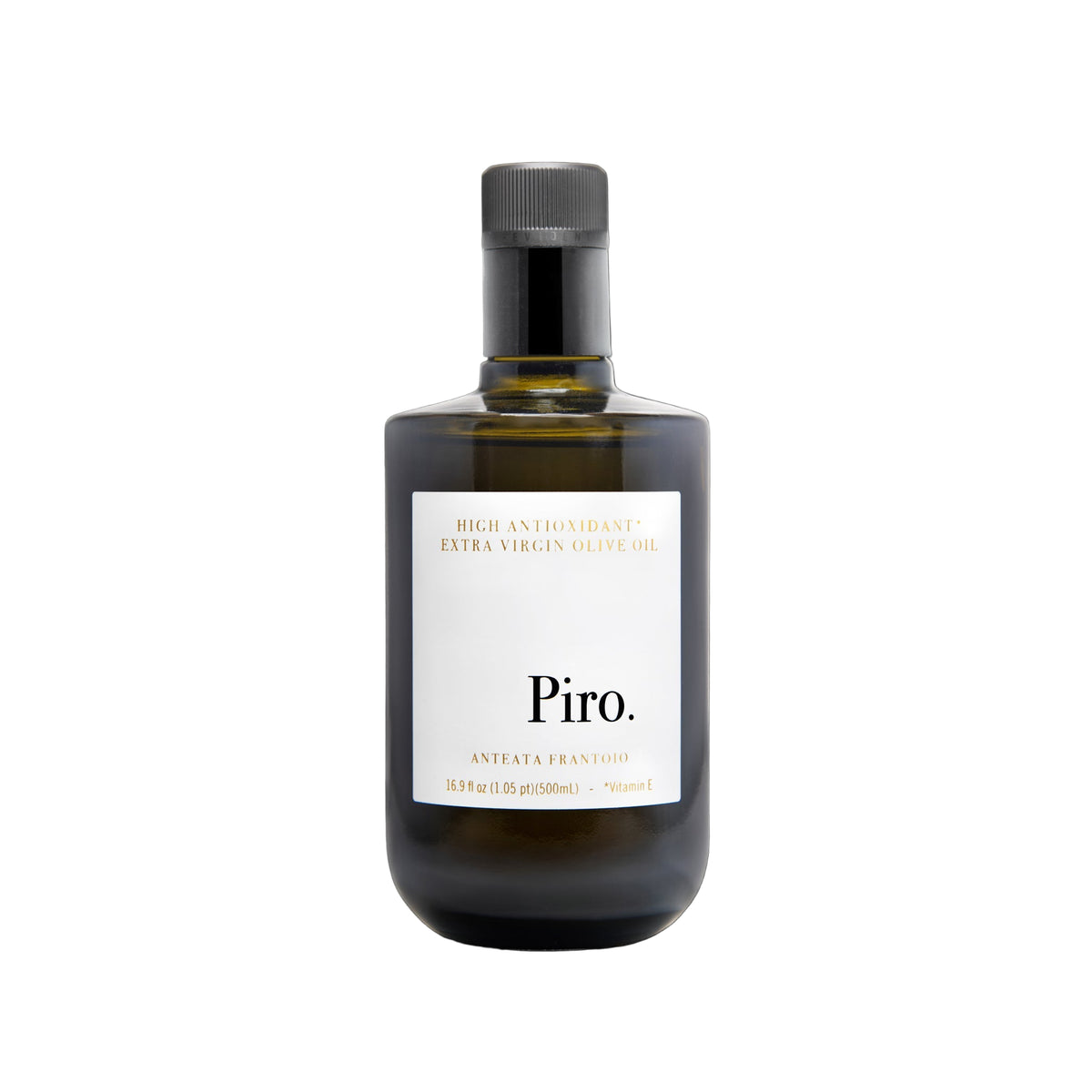 A bottle of Piro Extra Virgin Olive Oil with a white label on a plain background.