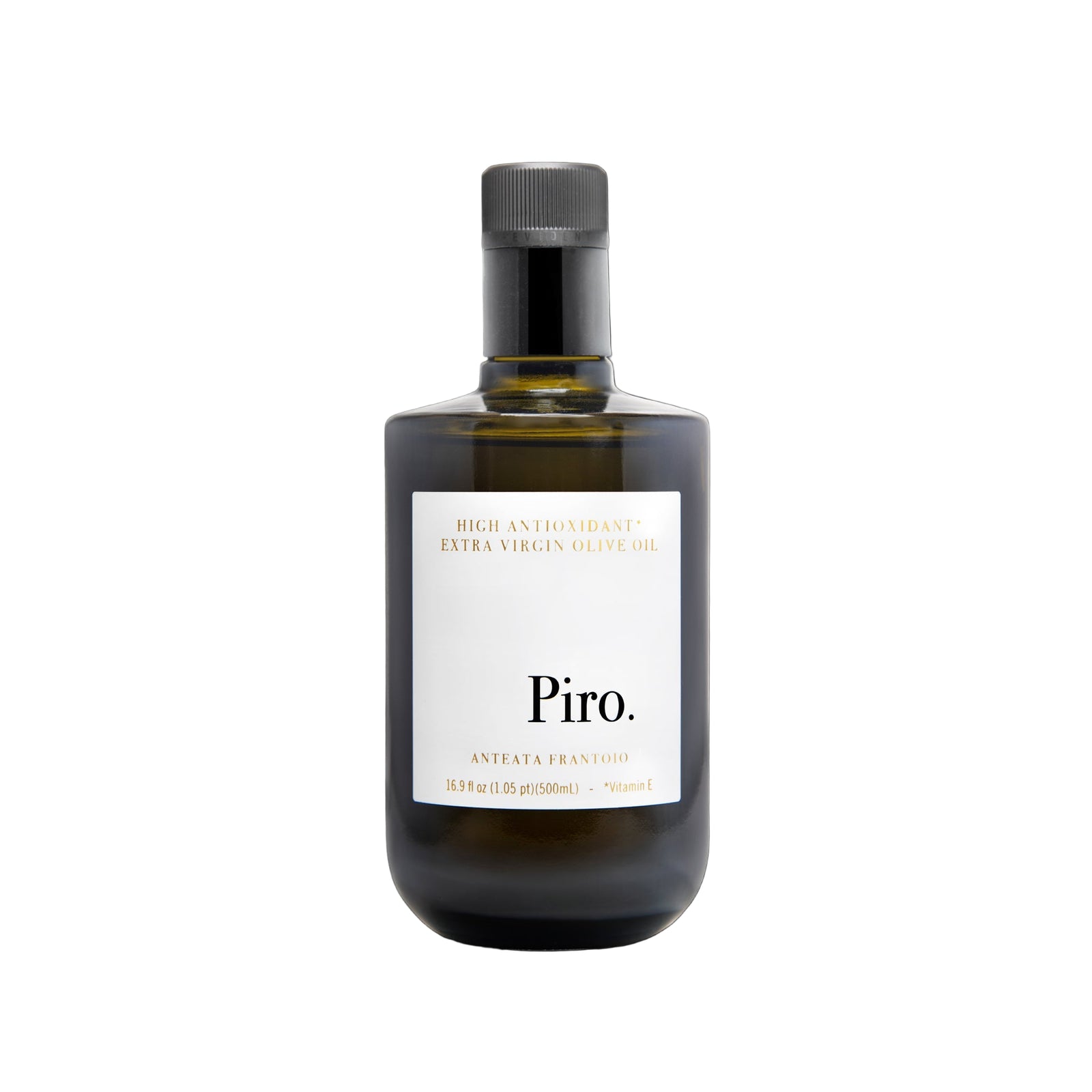 A bottle of Piro Extra Virgin Olive Oil with a white label on a plain background.