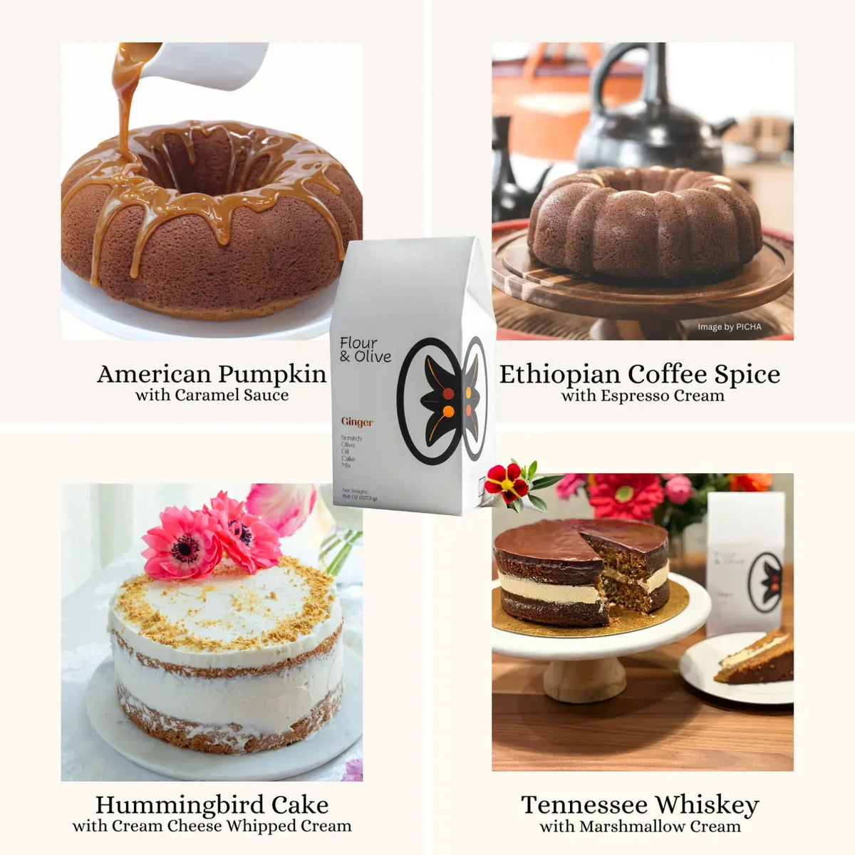 Collage of four different cakes with their names and descriptions.