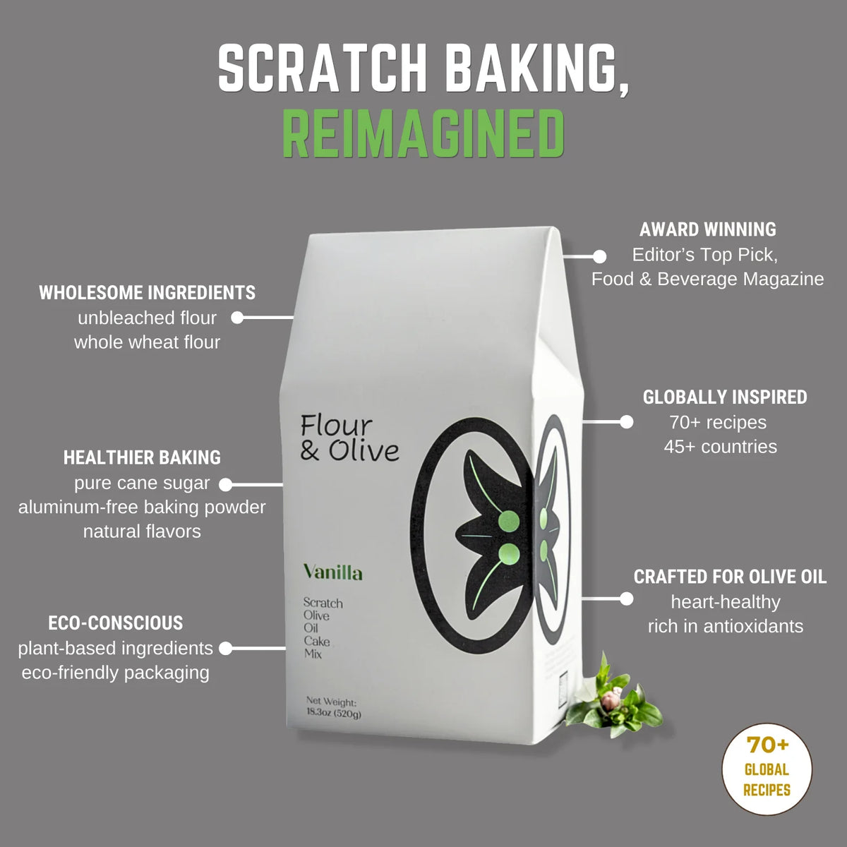 Flour &amp; Olive packaging with features highlighted on a gray background